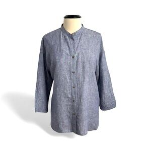 Uniqlo Women's 100% Linen Over-sized Button-Down Blouse, Blue, Size XL